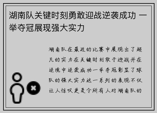 湖南队关键时刻勇敢迎战逆袭成功 一举夺冠展现强大实力
