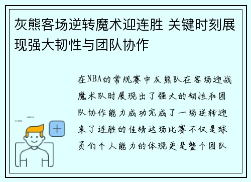 灰熊客场逆转魔术迎连胜 关键时刻展现强大韧性与团队协作