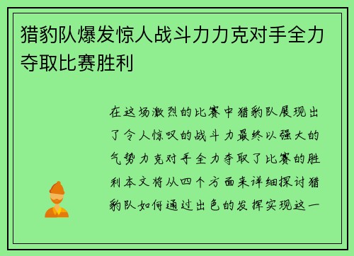 猎豹队爆发惊人战斗力力克对手全力夺取比赛胜利