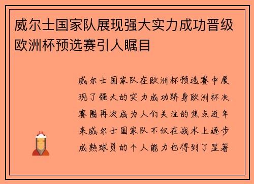 威尔士国家队展现强大实力成功晋级欧洲杯预选赛引人瞩目