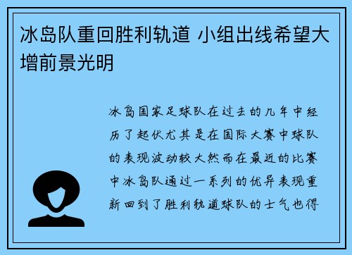 冰岛队重回胜利轨道 小组出线希望大增前景光明