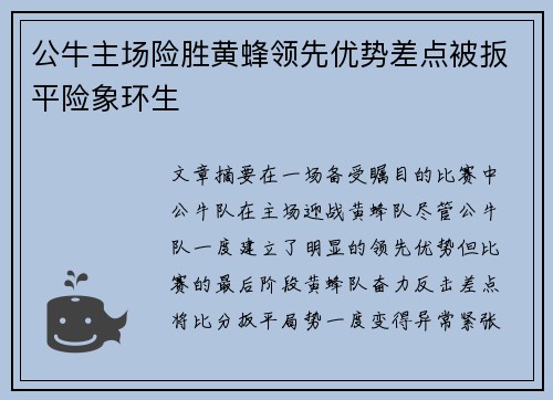 公牛主场险胜黄蜂领先优势差点被扳平险象环生