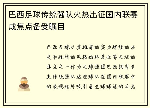 巴西足球传统强队火热出征国内联赛成焦点备受瞩目