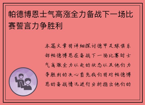 帕德博恩士气高涨全力备战下一场比赛誓言力争胜利