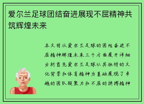 爱尔兰足球团结奋进展现不屈精神共筑辉煌未来