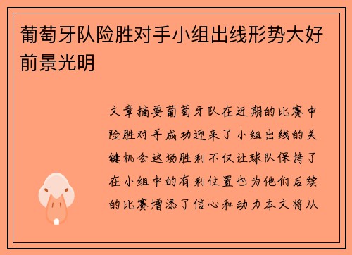 葡萄牙队险胜对手小组出线形势大好前景光明